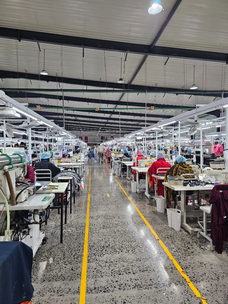 Industrial sewing floor at Bangladesh workwear production scale