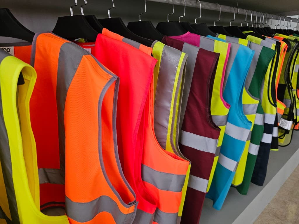 Hi-vis safety vests on display rails for export programmes