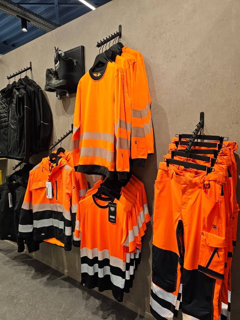 Hi-vis workwear wall display in Bangladesh production showroom