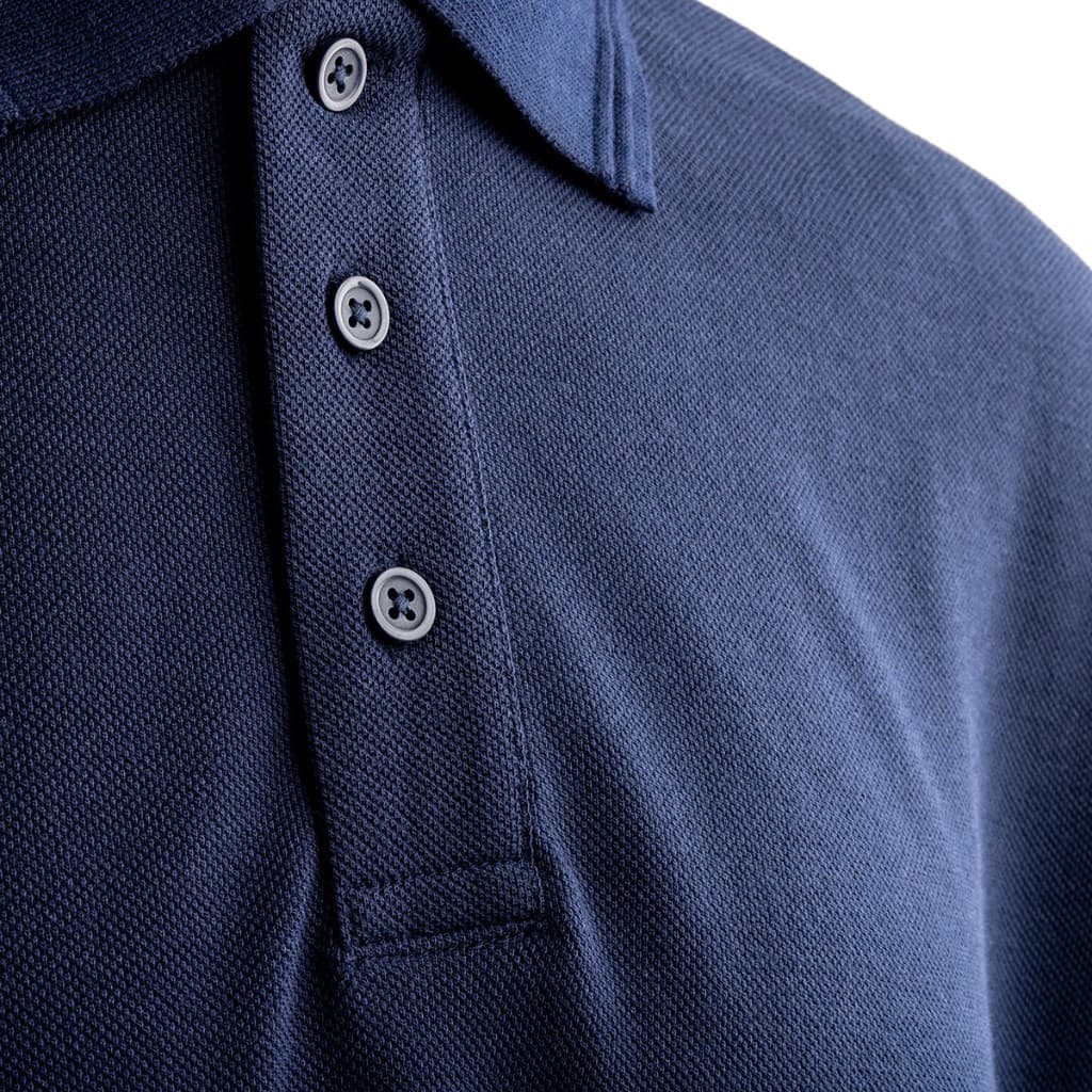 Workwear polo pique knit and placket construction detail
