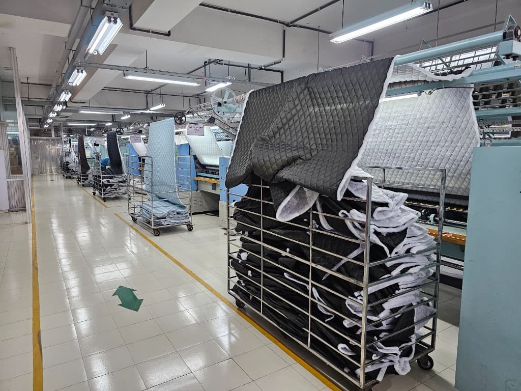 Quilting machines for padded outerwear production on factory line