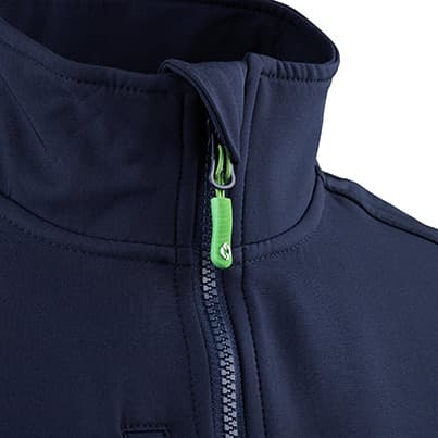 Sustainable workwear softshell with recycled-content zip pull and trim detail