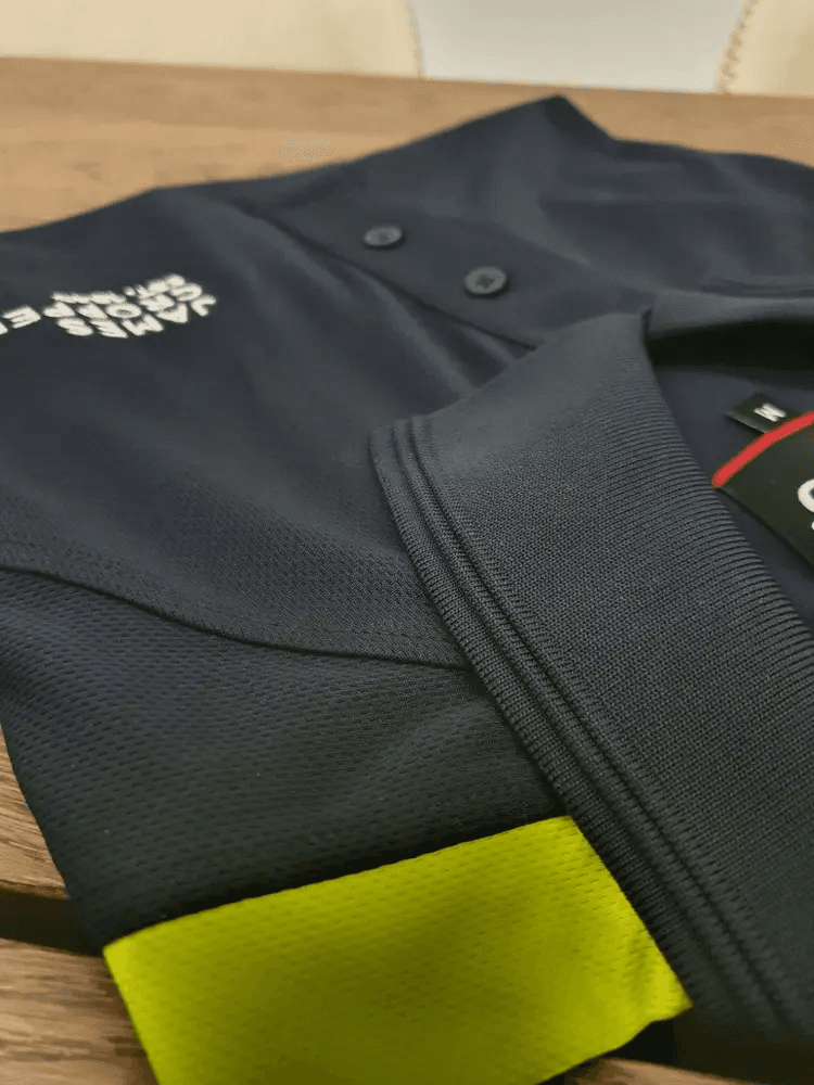 Branded corporate polo with chest print and hi-vis side panel detail